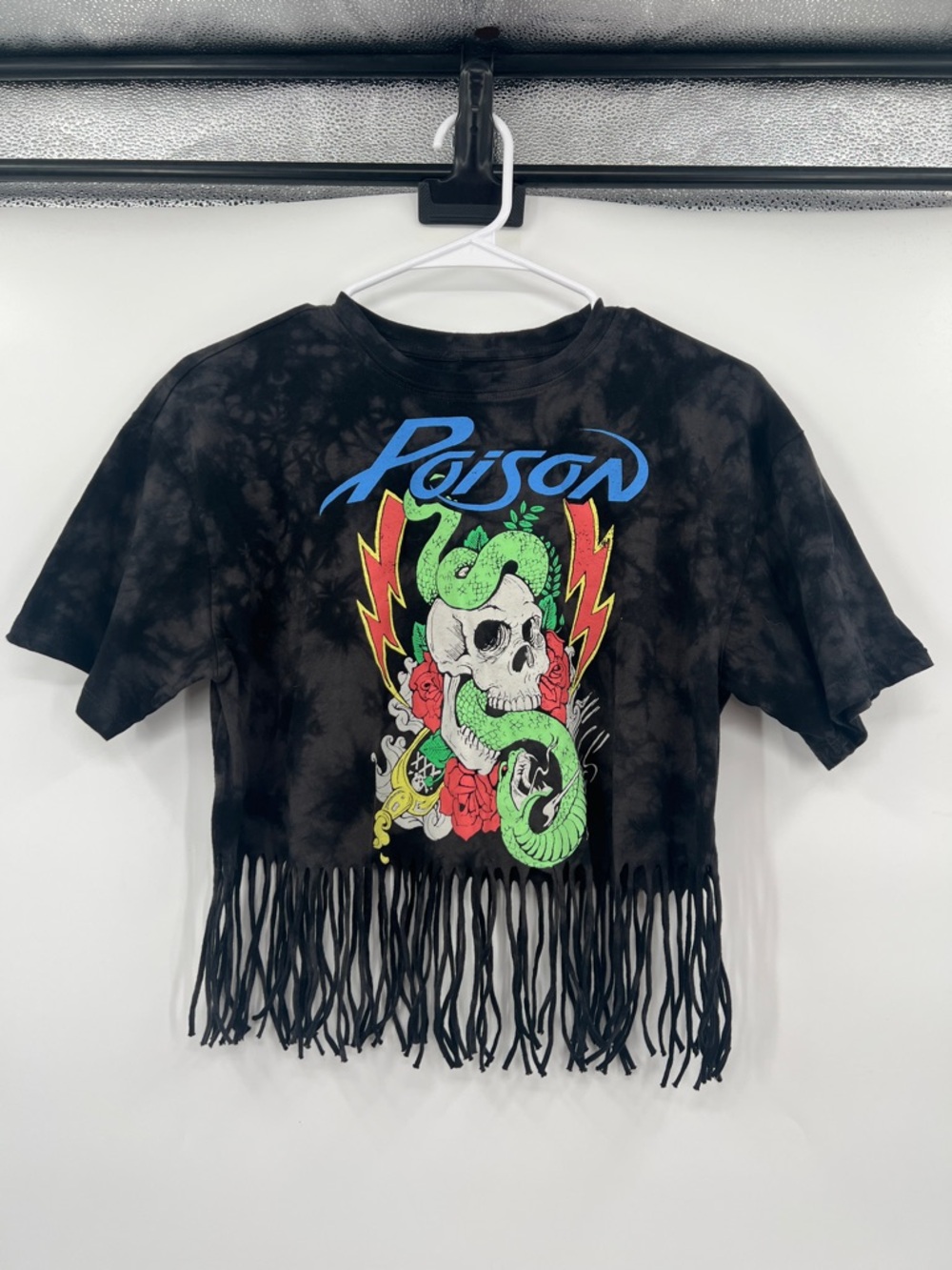 Size XS Poison Graphic Fringe Crop Tee in Black
